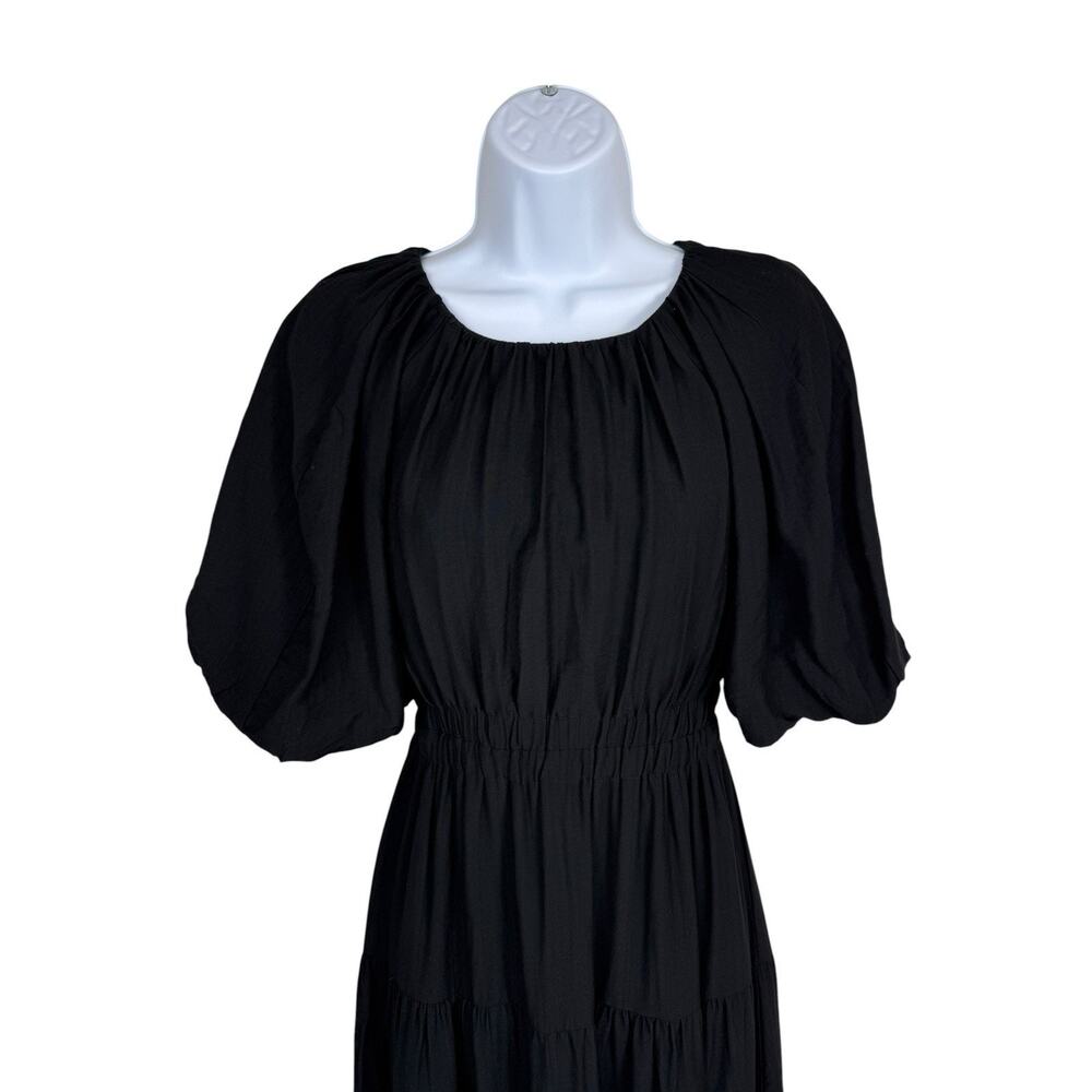 Moon River Black Smocked Waist Puff Short Sleeve Tiered Midi Dress Size S - Picture 2 of 13